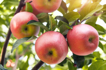 Many colorful ripe juicy apples on a branch in the garden ready for harvest in autumn. Apple orchard