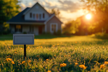 For sale sign on residential lawn, suburban home selling concept, real estate investment.