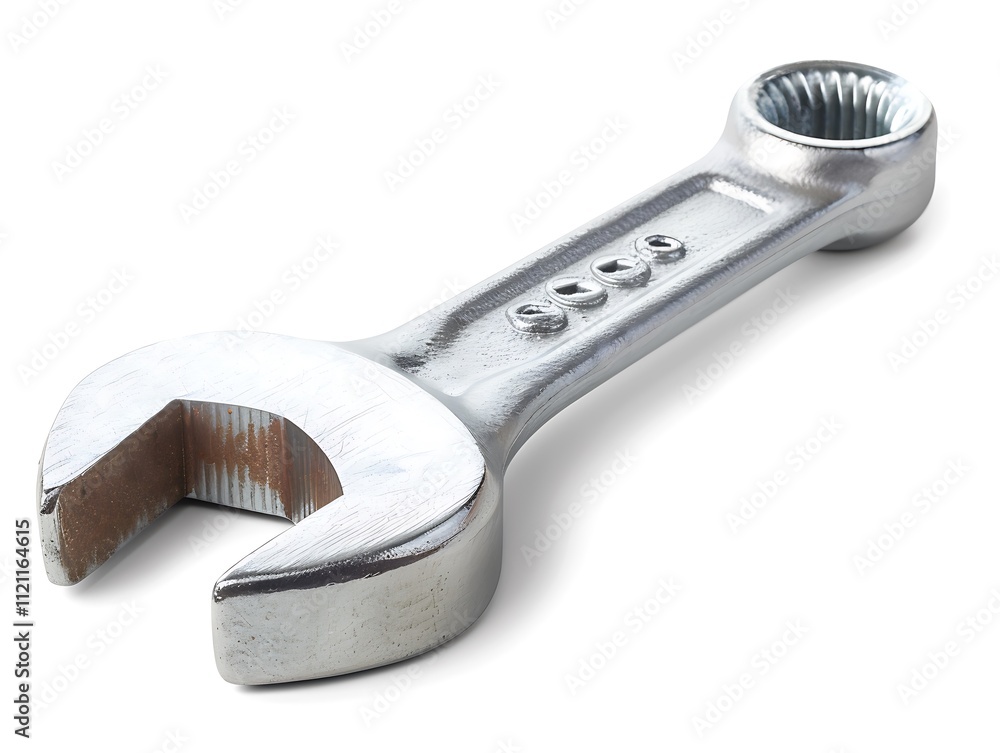 Poster a shiny metallic adjustable wrench positioned diagonally, showcasing its open-end and box-end featur