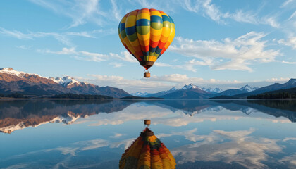 Obraz premium Hot air balloon over mountain lake with perfect reflection