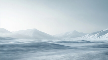 Fototapeta premium Snow-covered mountains and vast plains create a serene winter landscape in soft light