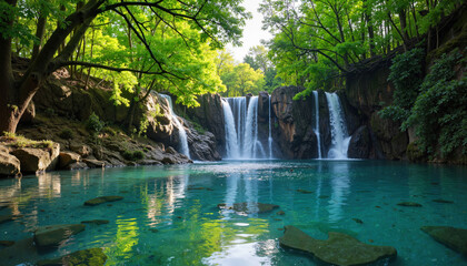 Fototapeta premium Crystal-clear waterfall surrounded by lush greenery