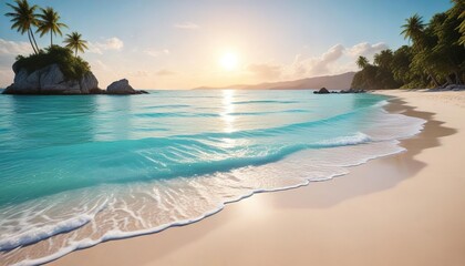 Fototapeta premium Serene beach scene with white sand and turquoise water, serene landscape, sandy shore, natural beauty