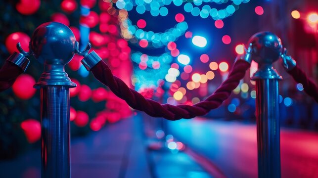 Red carpet lined with rope barriers, illuminated by blurred nightlights for a glamorous event