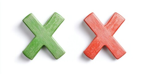Obraz premium A green check mark and a red x on a white background, side by side, representing correct and incorrect options.