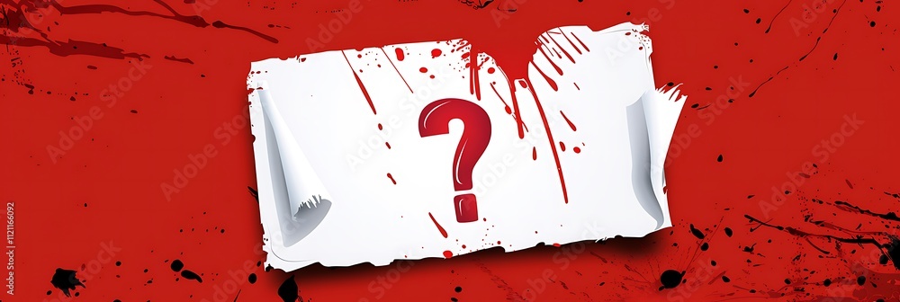 Poster a torn paper with a question mark on a red background, hinting at mystery or an unknown topic, enhan