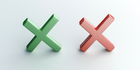 Obraz premium A green check mark and a red x on a white background, side by side, representing correct and incorrect options.