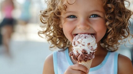 Happy young girl enjoying delicious ice cream on a sunny summer day outdoors