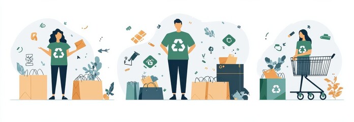 Eco-friendly shopping illustrated in three distinct scenes