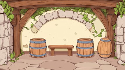 Obraz premium Rustic Interior with Wooden Barrels and Stone Wall Background