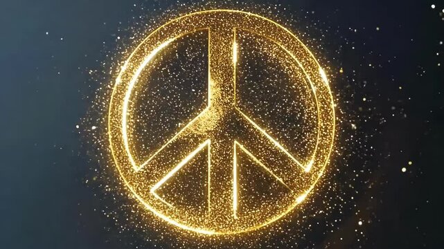 A peace sign with a golden border. The peace sign is surrounded by a circle and has a black center