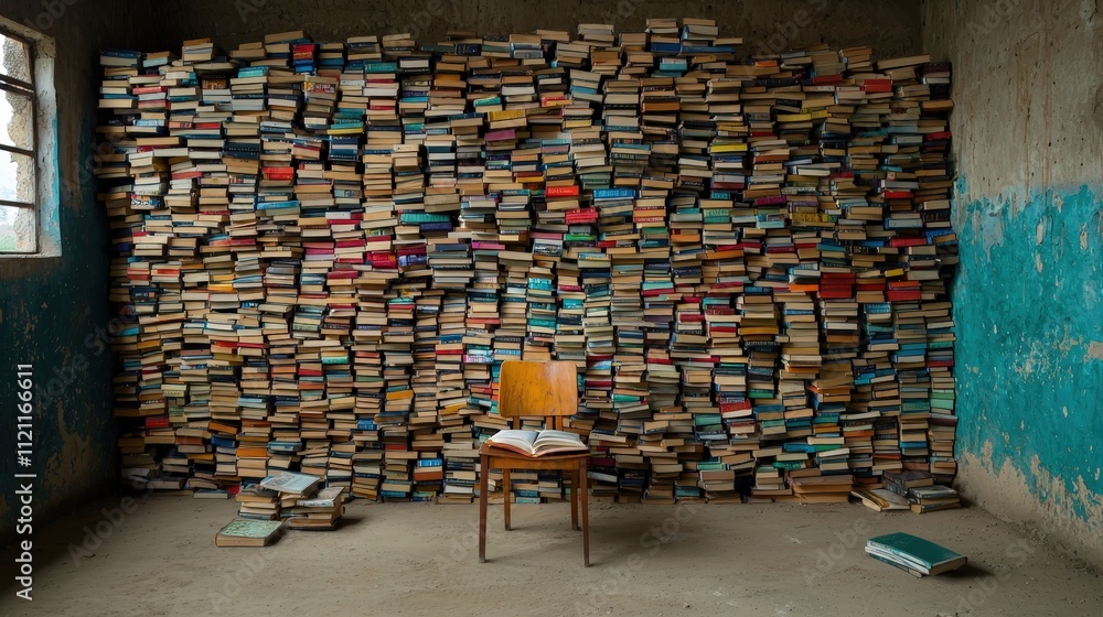 Poster a library filled with books contrasted with a single dusty textbook in a remote village.