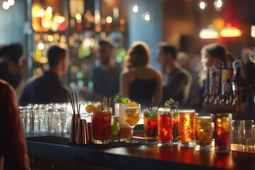 Bustling bar counter with drinks and customers