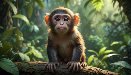 Fototapeta premium A small monkey with soft fur in a lush jungle scene painted with oil paints , colorful, oil painting, tree