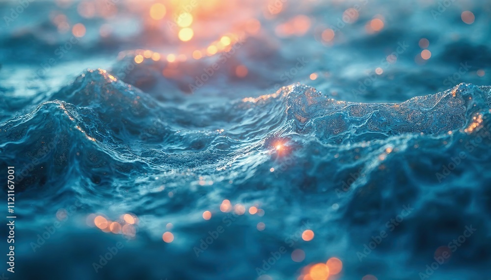 Poster ocean's embrace at sunset: abstract rendering of ocean waves at sunset, showcasing the interplay of 