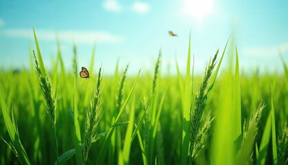 Obraz premium Butterflies Dancing in the Summer Sun: A field of vibrant green grass sways gently in the warm breeze, bathed in the golden light of a summer day. Butterflies flit through the air.