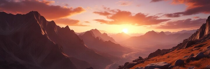 Obraz premium A stunning vista of a valley below the rugged mountain range against a fiery orange-red sunset sky, dramatic lighting, earthy tones, geological formations