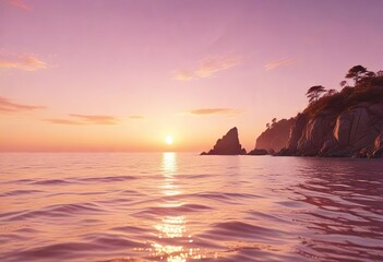 Landscape of serene sea with soft focus and warm golden colors in shades of pink and orange , peaceful, sunset, sky