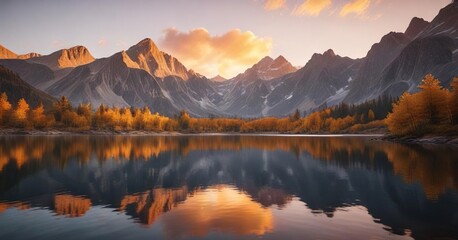 Majestic mountain peaks bathed in warm golden light during sunset over a lake , natural beauty, rugged terrain