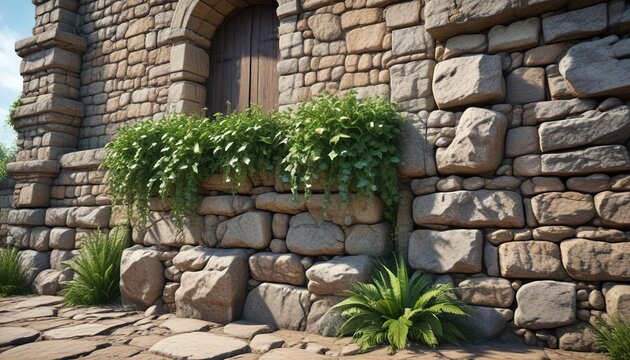 Fortress wall embrasure with weathered stones and plants, fortress wall, overgrowth