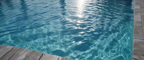 Naklejka premium Water ripples on a still blue pool illuminated by a sunny sky, water ripples, scenery, sunlight