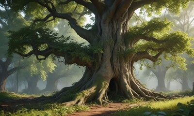 Fototapeta premium A sprawling vine covers the trunk of a massive tree with its leaves and tendrils, greenery, green canopy