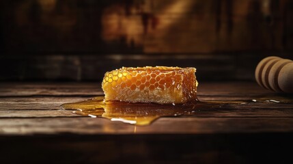 Golden Honeycomb, Sweet Nectar, Wooden Table, Rustic Background