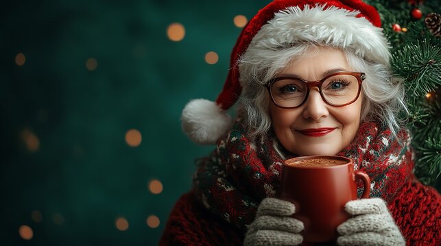 Cheerful Mrs Claus sipping cocoa and spreading festive joy with a vibrant green backdrop
