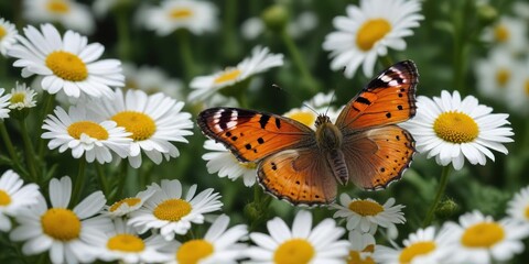 Butterfly resting on the soft center of a feverfew bloom, butterflies, flowers, petals