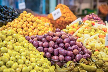 Olives for sale on a market in Tanger, Morocco