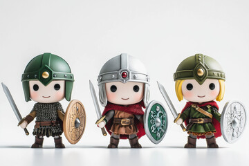 Fototapeta premium Three cute warrior figurines with helmets, swords, and shields, standing confidently in battle-ready poses on a white background.