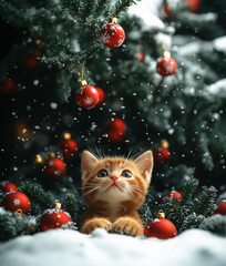 Obraz premium Close up of a ginger kitten sitting in snow under Christmas tree with red ornaments. Christmas, New Year's day vertical banner, poster, background, postcard, card