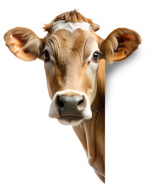 Brown Cow peeking around corner isolated on transparent background