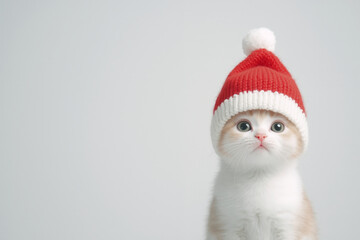 Kitten in knitted Santa hat on a light grey background with copy space for text. Christmas banner, billboard, card, poster, postcard