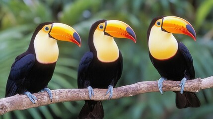 Fototapeta premium Vibrant Toucans Perched on Branch in Tropical Jungle Setting