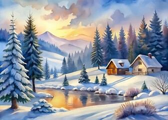 winter sunset landscape with house and mountains.
Wallpaper