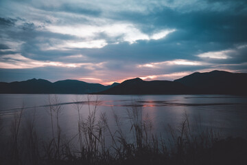 Beautiful pink sunset over the mountains and sea of Con Dao in Vietnam 
