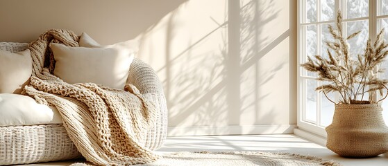 A bright sunroom designed with white wicker furniture, large floor-to-ceiling glass windows, minimal greenery in simple pots, and a neutral color palette that creates a peaceful and inviting