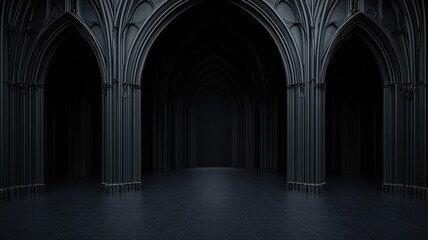 Obraz premium Gothic architecture interior dark cathedral photography dramatic lighting wide angle mysterious atmosphere