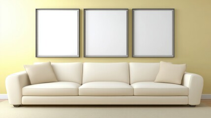 Modern Minimalist Living Room with White Sofa and Empty Frames