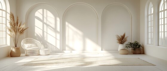 A bright sunroom designed with white wicker furniture, large floor-to-ceiling glass windows, minimal greenery in simple pots, and a neutral color palette that creates a peaceful and inviting