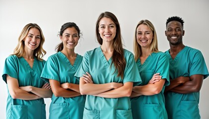 Group of diverse healthcare professionals pose confidently on white background. Nurses stand in row. Wear teal scrubs, smile. Positive energy, teamwork conveyed in image. Hospital clinic setting