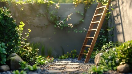 Enchanting Garden Pathway with Stone Steps and Wooden Ladder Surrounded by Lush Foliage Vibrant Flowers and Tranquil Pond in Serene Outdoor Environment
