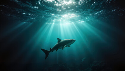 Shark swimming in the deep ocean under dramatic light rays