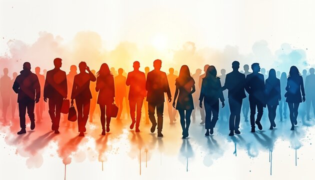 Diverse group walks forward. Silhouettes of people in various clothing. Abstract art style. Group of people moving together. Possible scenarios include business meeting, community gathering, social