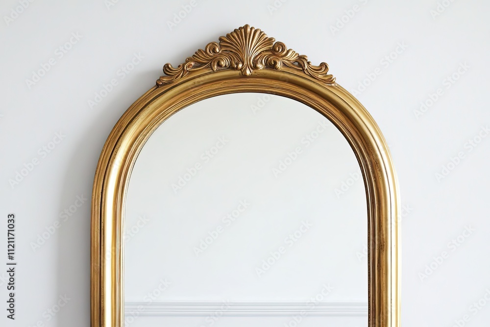 Wall mural Luxurious finish, brass mirror, arched frame, gold tones, white wall background, realistic depth, elegant home styling