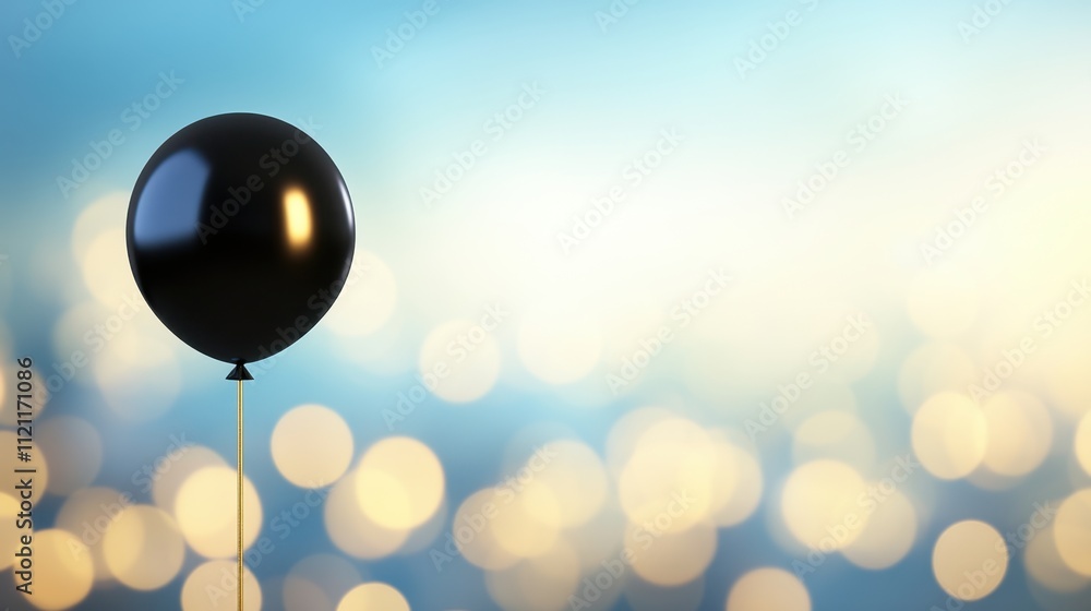 Poster black balloon on stick with soft blue background and bokeh effect