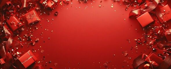 Christmas background with red gifts, white ribbon, and decorations
