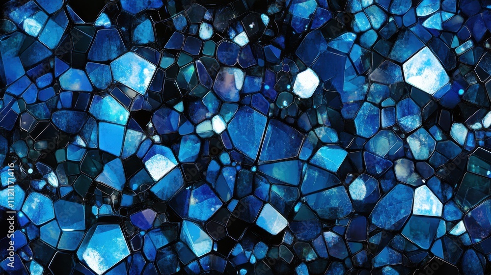 Poster interconnected polygonal shapes glowing in blue tones, creating a digital abstract pattern