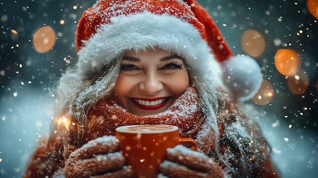 Joyful Mrs Claus with a radiant festive smile holding cocoa surrounded by glowing holiday vibes on green